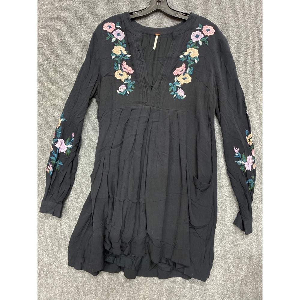 Free People Navy Floral Embroidered V-Neck Tunic Dress Large Boho Pintuck